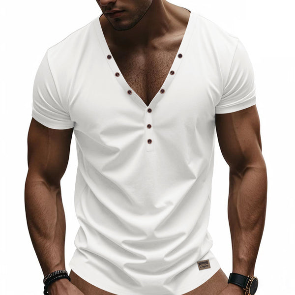 Men's Solid Color Cotton V-Neck Short Sleeve T-Shirt