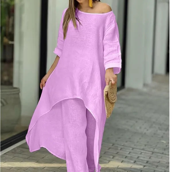 New cotton and linen casual large size long-sleeved wide-leg pants two-piece suit