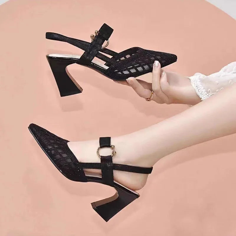✨Pointy Toe Rhinestone Sandals 👠 with Ankle Strap – Sparkle in Every Step 💃