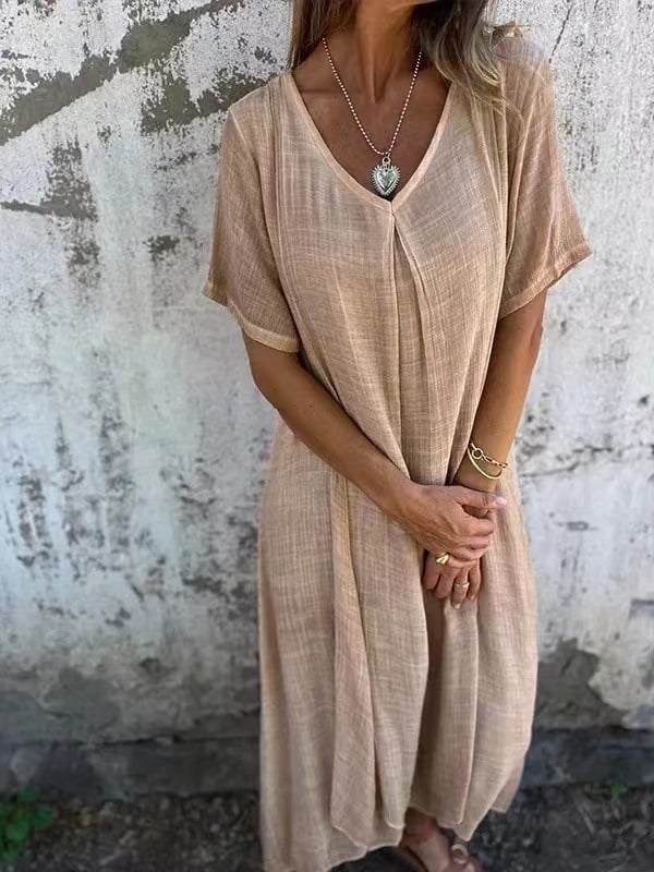 🔥2025 HOT SALE🔥 Cotton and Linen V-neck Midi Dress
