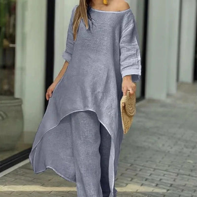 New cotton and linen casual large size long-sleeved wide-leg pants two-piece suit