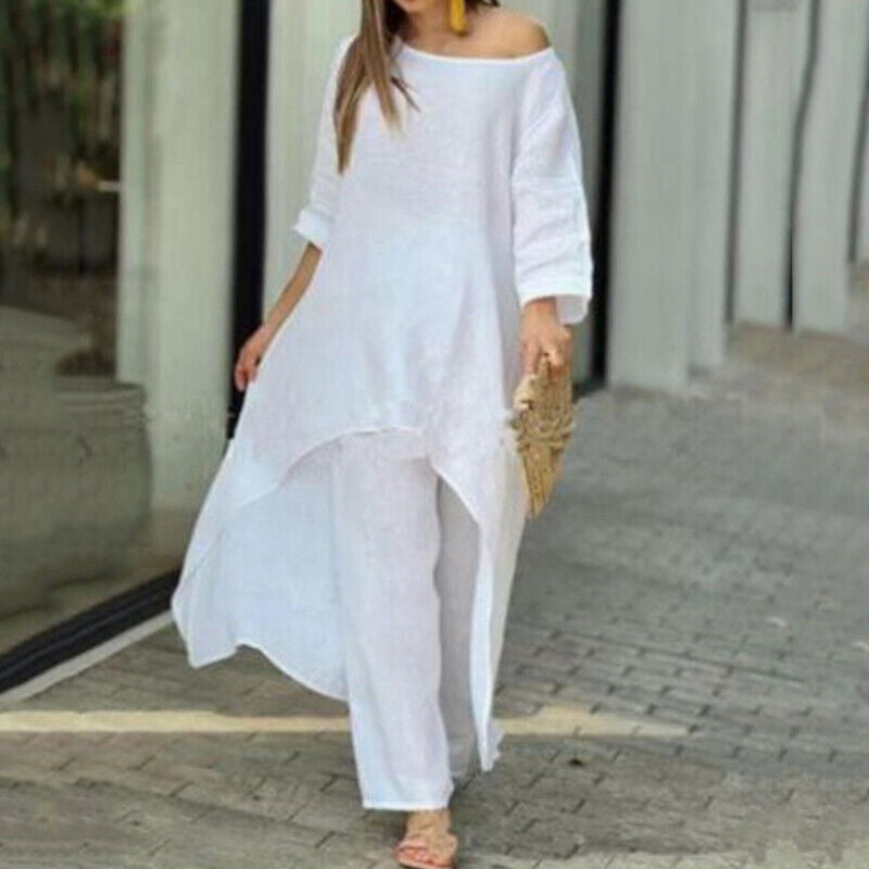 New cotton and linen casual large size long-sleeved wide-leg pants two-piece suit