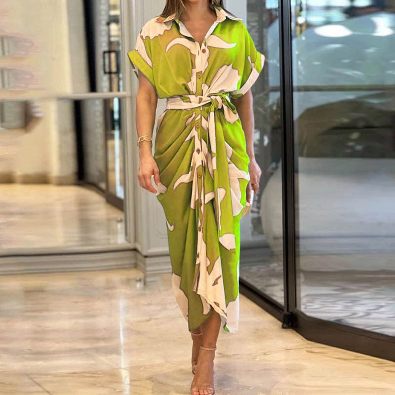 Casual Lapel Neck Waist Print Shirt Dress