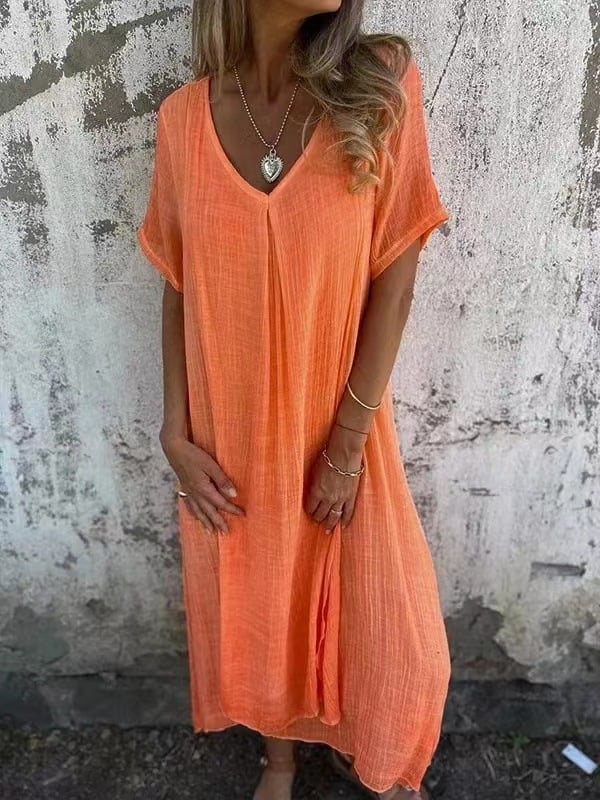 🔥2025 HOT SALE🔥 Cotton and Linen V-neck Midi Dress
