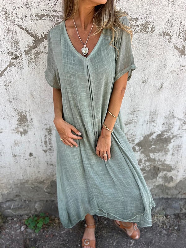 🔥2025 HOT SALE🔥 Cotton and Linen V-neck Midi Dress