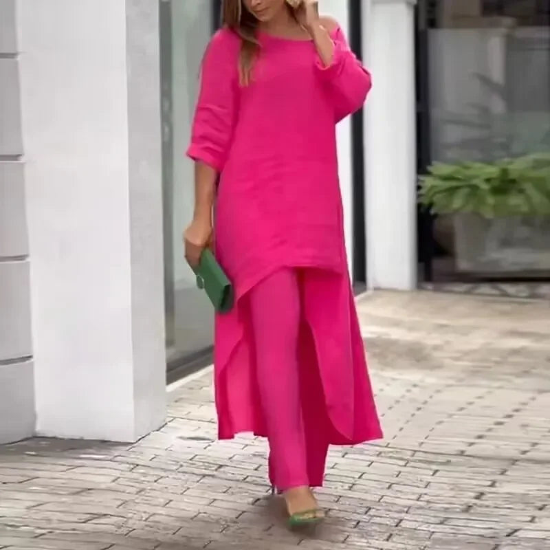 New cotton and linen casual large size long-sleeved wide-leg pants two-piece suit