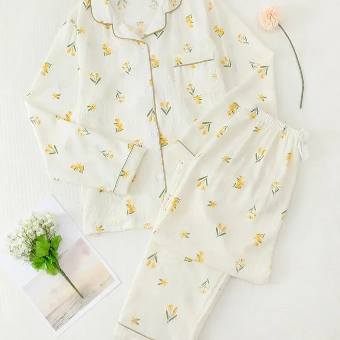 Women's Cartoon Print Button-Down Shirt Pajama Set