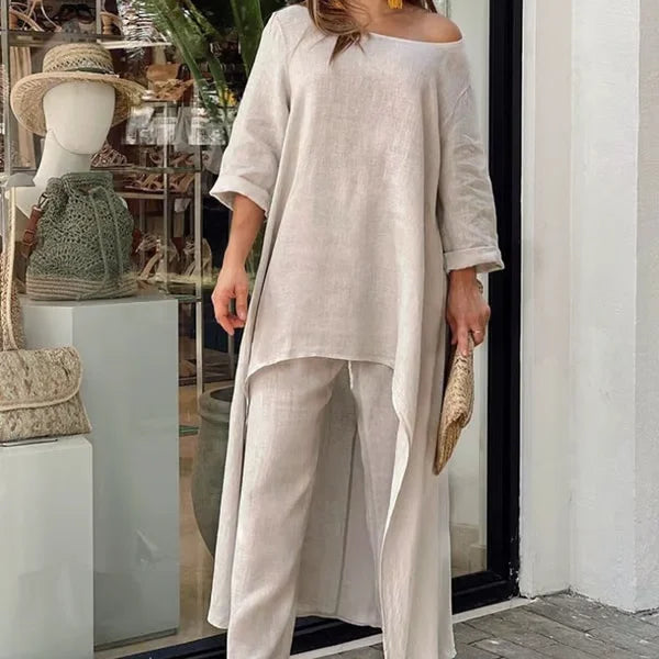 New cotton and linen casual large size long-sleeved wide-leg pants two-piece suit
