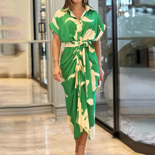 Casual Lapel Neck Waist Print Shirt Dress
