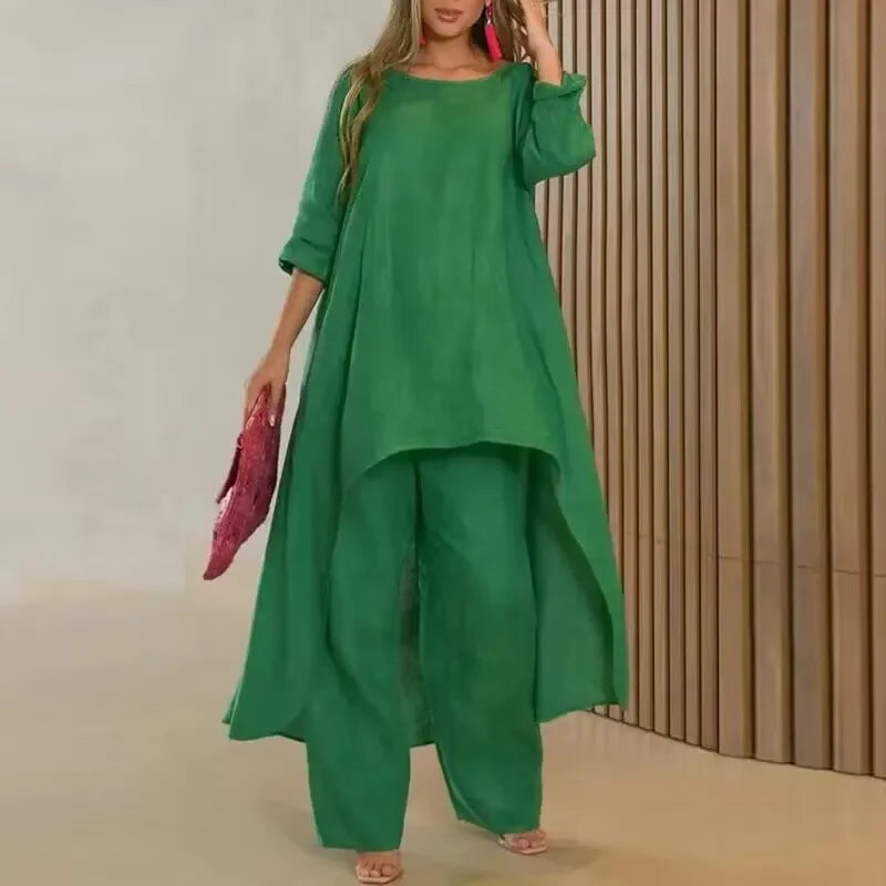 New cotton and linen casual large size long-sleeved wide-leg pants two-piece suit