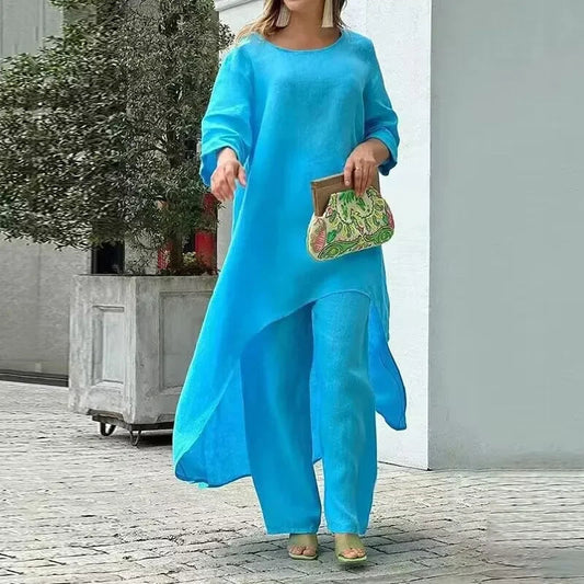 New cotton and linen casual large size long-sleeved wide-leg pants two-piece suit