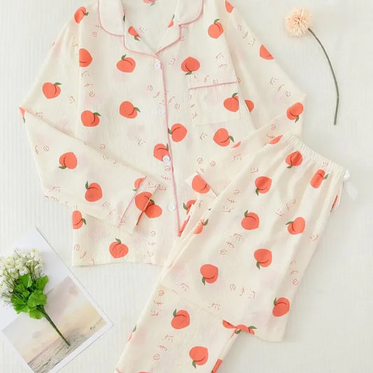 Women's Cartoon Print Button-Down Shirt Pajama Set